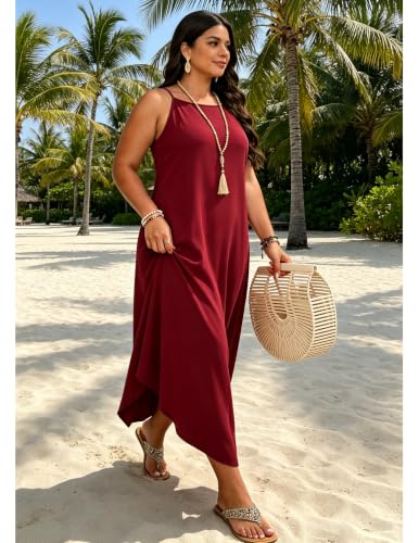 POGTMM Womens Plus Size Dress Boho Sleeveless Maxi Long Halter Sundress - color: Wine Red, size: XX-Large