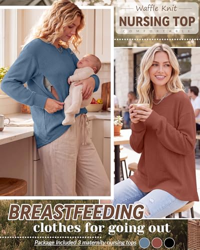 Oakgarden 3 Pack Women's Oversized Nursing Tops - color: Haze Blue, Caramel, Black, size: Medium