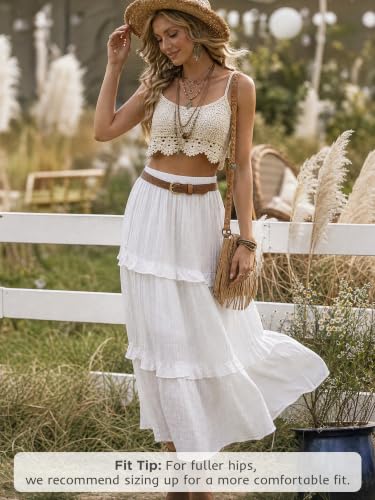 Womens Boho Maxi Skirt Long Flowy Skirt High Waisted Tiered Ruffle Skirt - color: White, size: Medium