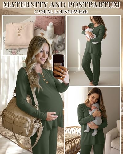 2 Piece Thermal Maternity Lounge Set - color: Army Green, size: Large