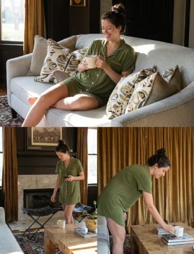 Pjmlifecoco Women's Button Down Nightgown Short Sleeve Sleep Shirt - color: Jungle Green, size: XX-Large