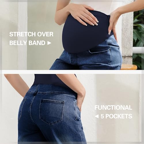 Women's Maternity Jeans Over Belly, Loose Pregnancy Pants with Pockets, Comfy Stretch Boyfriend Jeans - size: XX-Large