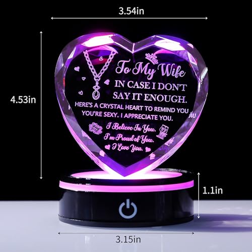 3D Laser Engraved K9 Crystal Heart with LED Base Romantic Gift for Wife - color: Wife Gift