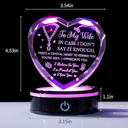 3D Laser Engraved K9 Crystal Heart with LED Base Romantic Gift for Wife - color: Wife Gift