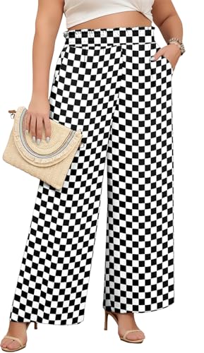 Lastshe Women's Plus Size Wide Leg Pants Elastic High Waist Hide Drawstring Loose Work Pants Palazzo Trousers with Pockets - color: Black White Plaid, size: 2X
