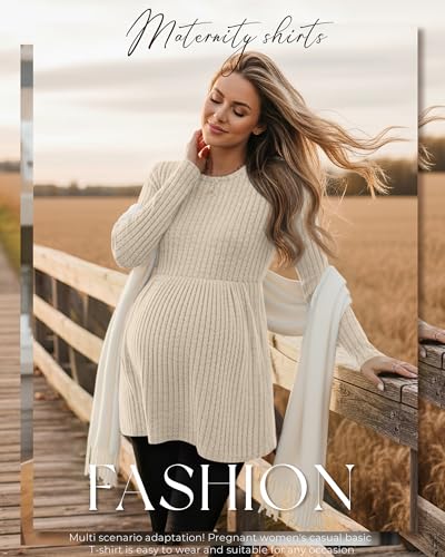 3 Pack Maternity Sweaters Long Sleeve Ribbed Shirts - color: Apricot, Coffee, Dark Camel, size: Large
