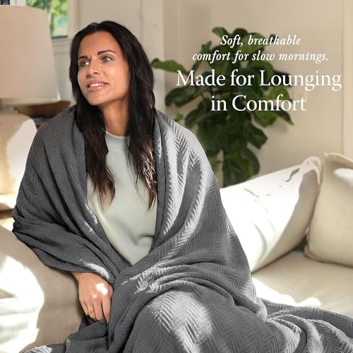 Threadmill Luxury 100% Cotton Twin Herringbone Blanket, Dark Grey - color: Dark Grey, size: Twin (68" x 92")