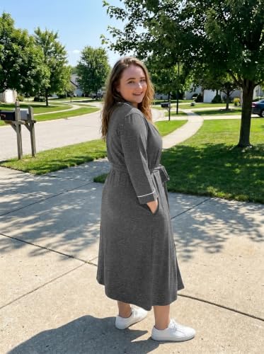 OLRIK Womens Plus Size Robe Long Knit Bathrobe V Neck Loungewear - color: Dark Gray, size: 2X