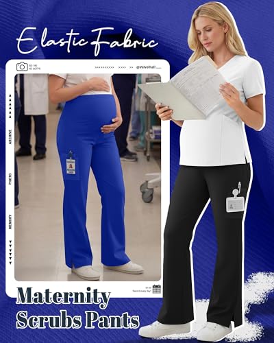 2 Pack Women's Maternity Wide Leg Cargo Scrub Pants - color: Royal Blue, Black, size: Large
