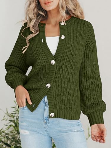 PRETTYGARDEN Women's Chunky Knit Button Up Cardigan Sweaters Outerwear - color: Army Green, size: Medium