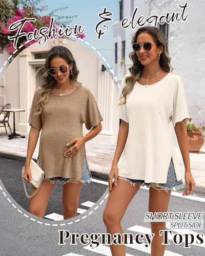 Riyiper 3 Pack Women's Maternity Tunic Cotton Shirts - color: Cream, Khaki, Coffee, size: Small