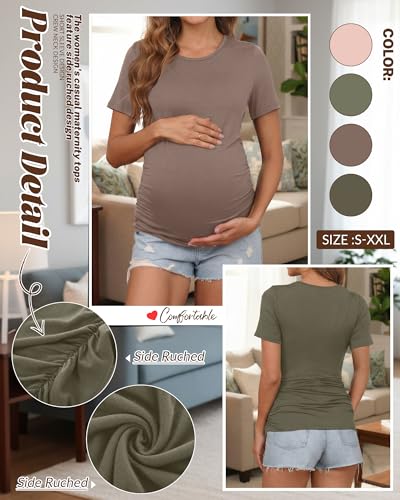 Huukeay 4 Pack Women's Short Sleeve Maternity Tops - color: Beige, Army Green, Light Coffee, Dark Army Green, size: Medium