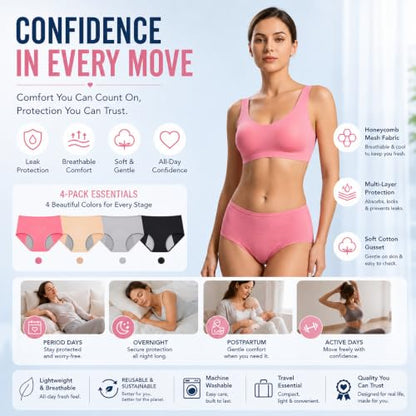 Leak Proof Period Underwear for Women Cooling Mesh Menstrual Panties Mid Waist Athletic Backup Briefs Multi-Pack - color: Essentials 4-pack, size: X-Large