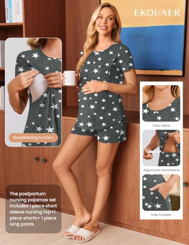 Ekouaer 3 Piece Maternity Nursing Pajamas Set Short Sleeve Breastfeeding Pjs - color: Grey Stars, size: Medium