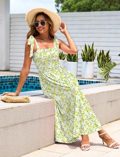 Zattcas Womens 2026 Summer Tie Shoulder Floral Maxi Dress with Pockets - color: Lemon, size: Medium