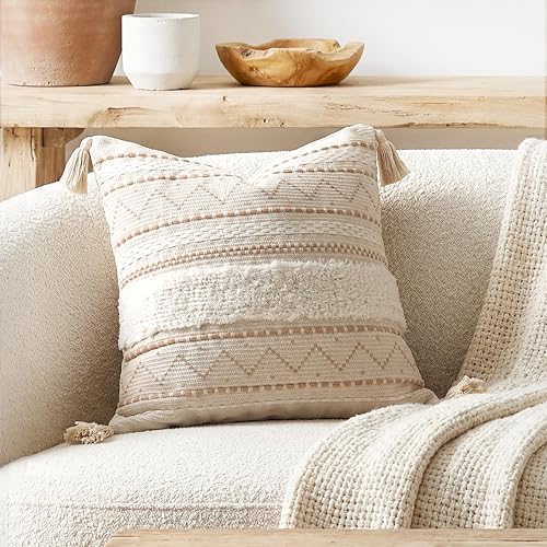 BlissBlush 18X18 Throw Pillow Cover, Cream Neutral Beige Square Decorative Cushion Cover, Boho Accent Pillowcase with Tufted Details and Tassels for Couch Sofa Living Room(Cover Only) - color: Beige, size: 18" x 18" (Pack of 1)