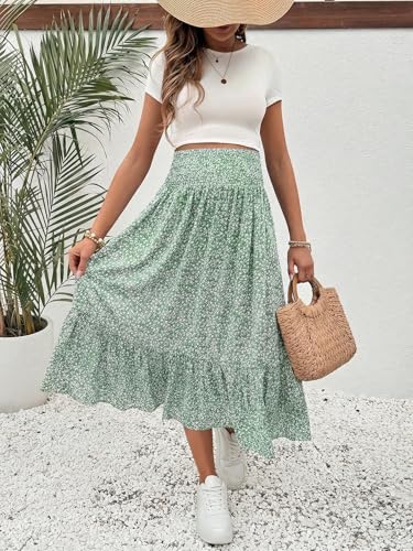 OYOANGLE Women's Maternity Skirt Boho Floral Midi Skirt Pregnancy Skirt - color: Light Green, size: Medium