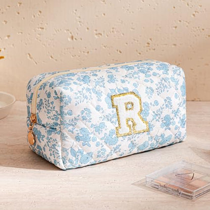 HBselect Personalized Makeup Bag for Women Initial Quilted Toiletry Bag - color: Blue Flower, size: R