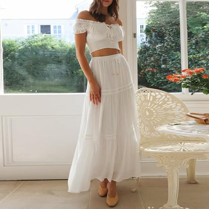 Womens Two Piece Summer Boho Outfit Off Shoulder Crop Top Maternity High Waist Maxi Skirt Beachear - color: White, size: Medium