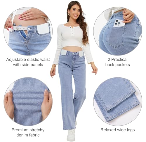POSHGLAM Maternity Jeans Wide Leg Side Panel for Pregnancy & Postpartum, Comfy Stretch Denim Pants - color: Light Blue, size: Large