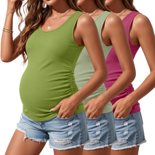 Riyiper 3 Pack Women's Maternity Tank Tops - color: Rose Red, Light Green, Avocado, size: Medium
