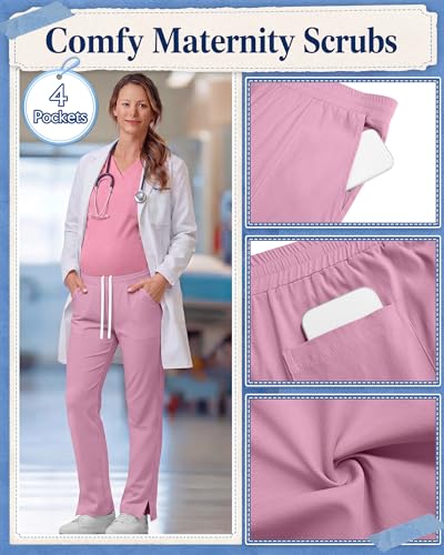 3 Pack Comfy Women's Maternity Scrub Pants - color: Pink, Blue, Black, size: Small