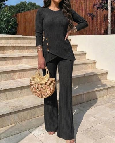 CHICME Womens 2 Piece Lounge Set Button Down Top Wide Leg Pants - color: Black, size: Large