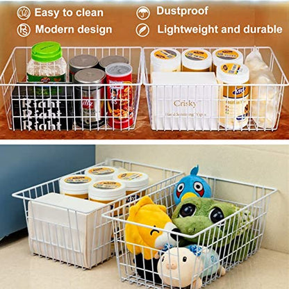 4 Pack Freezer Organizer Bins, White Wire Baskets with Handles