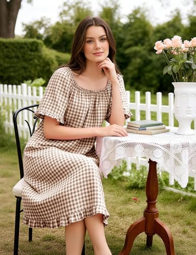 Flygo Womens Gingham Nightgown Cotton Pullover House Dress with Pockets - color: Brown, size: Large