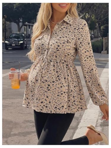 MakeMeChic Women's Maternity Blouse Long Sleeve Belted Button Down Tops - color: Apricot, size: X-Large