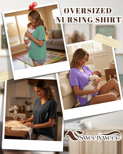 3 Pack Women's Oversize Nursing Shirts - color: Light Green, Light Purple, Dark Gray, size: Large