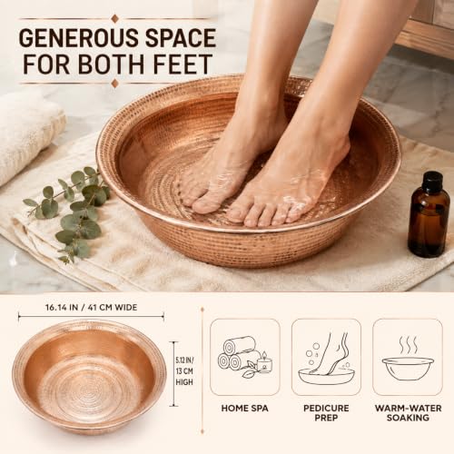 Pure Copper Foot Bath Basin, 16.14-Inch Hammered Pedicure Bowl