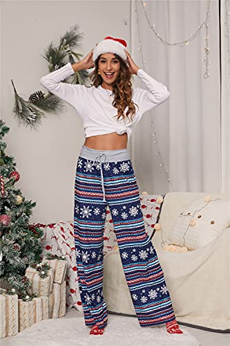 iChunhua Women's Comfy Stretch Floral Print Drawstring Palazzo Wide Leg Lounge Pant - color: Blue Snowflake, size: Small