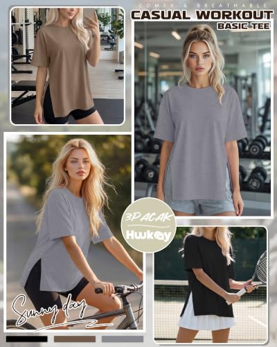 Huukeay 3 Pack Women's Oversized T Shirts Workout Tops - color: Black, Dark Coffee, Mixed Gray, size: Medium