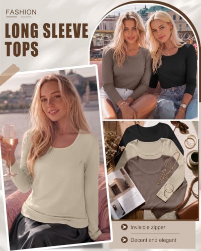 3 Pack Women's Long Sleeve Nursing Tops - color: Coffee, Apricot, Black, size: Small