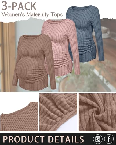 3 Pack Maternity Sweaters Long Sleeve Pregnancy Tops - color: Light Brown, Pink, Blue, size: XX-Large