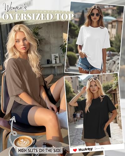 Huukeay 3 Pack Women's Oversized T Shirts Workout Tops - color: Black, White, Gray Brown, size: X-Large