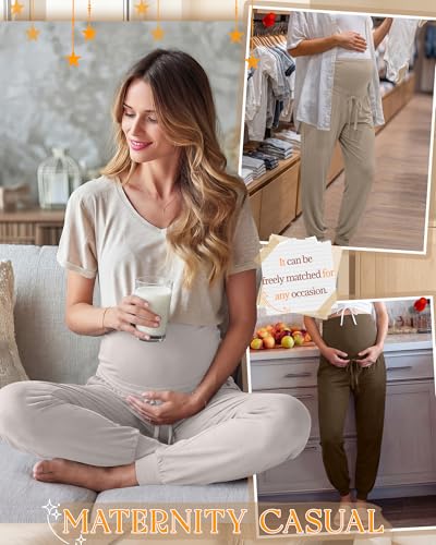3 Pack Womens Maternity Pants Loose Pregnancy Joggers - color: Oatmeal Color, Apricot, Coffee, size: Medium