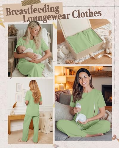 2Pc Postpartum Nursing Pajamas Set - color: Light Green, size: Small