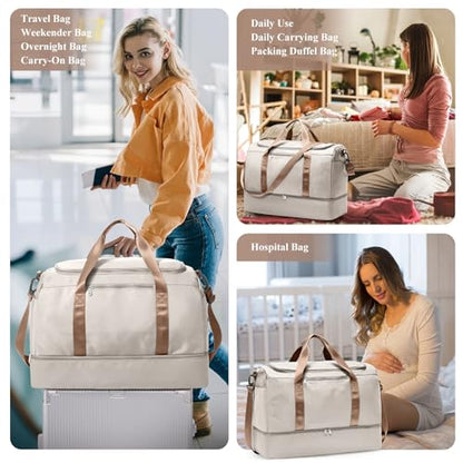 Travel Duffel Bag,Carry-On Overnight Weekender Bags with Shoes Compartment - color: Beige & Brown, size: Small