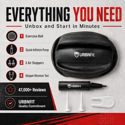 URBNFit Yoga Ball - Anti-Burst Exercise Ball Large - color: Black, size: L (24" - 26") 65cm