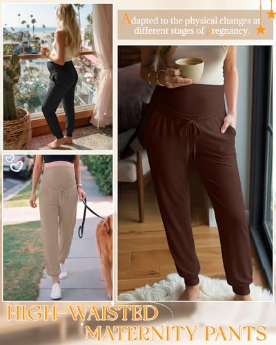 3 Pack Womens Maternity Pants Loose Pregnancy Joggers - color: Khaki, Dark Brown, Black, size: XX-Large