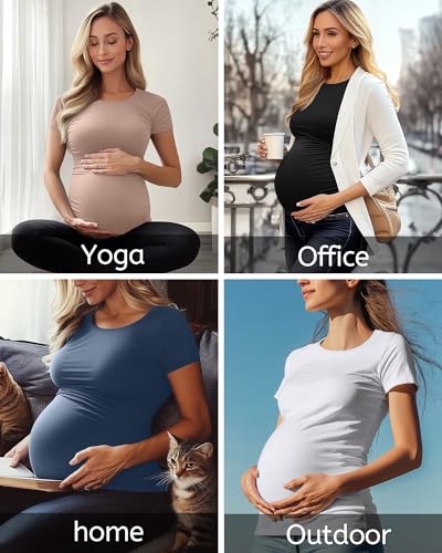 Huukeay 4 Pack Women's Short Sleeve Maternity Tops - color: Black, White, Khaki, Haze Blue, size: XX-Large