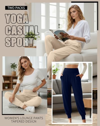 Locoowai 2 Pack Women's Yoga Sweatpants with Pockets - color: Apricot, Navy Blue, size: Medium