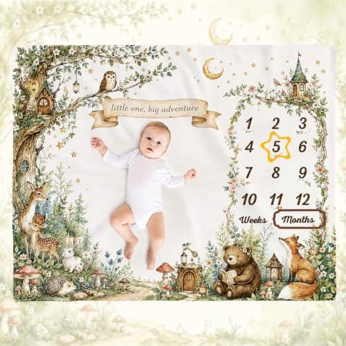 Woodland Baby Monthly Milestone Blanket, Forest Animal Monthly Growth Photography Backdrop, Little One Big Adventure Newborn Photo Prop, Milestone Blanket for Boy Girl Baby Shower 50x40 Inch - color: Forest Woodland