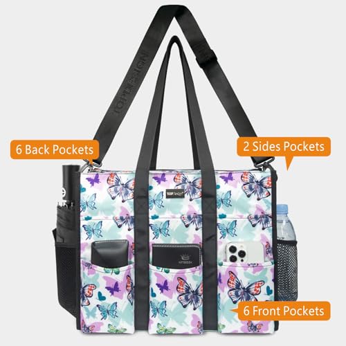 TOPDesign Utility Water Resistant Tote Bag with 22 Pockets, Zipper Closure - color: Butterfly, size: Large