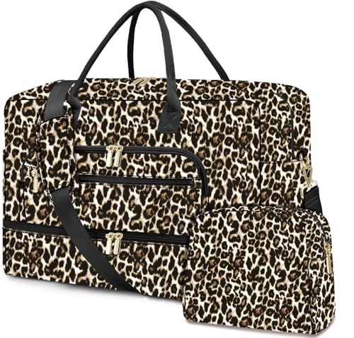 Travel Duffle Bag Weekender for Women - Carry-On Overnight Personal Item Bag with Shoe Compartment & Wet Pocket Large Weekend Tote Bags with Toiletry Hospital Bags for Labor and Delivery - color: Brown Leopard