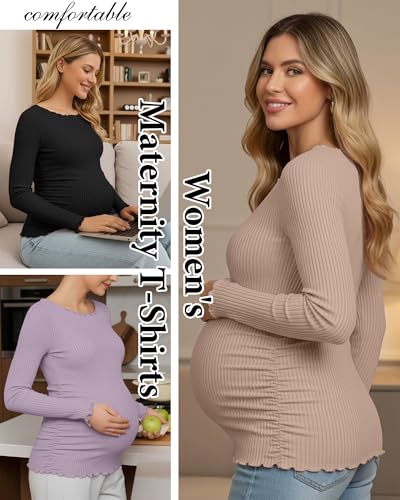 3 Pack Women's Maternity Cotton Shirts Long Sleeve - color: Dusty Purple, Khaki, Black, size: Small