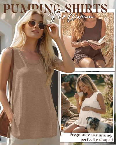 Ficerd 3 Pack Women's Oversized Nursing Tank Tops with Zipper - color: Cream, Camel, Brown, size: Small