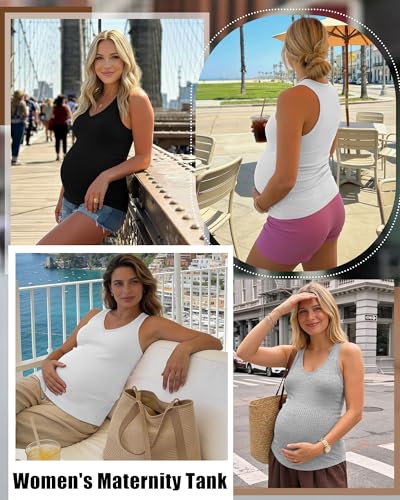 3 Pack Maternity Tank Tops Ribbed V Neck - color: Black, Light Gray, White, size: X-Large